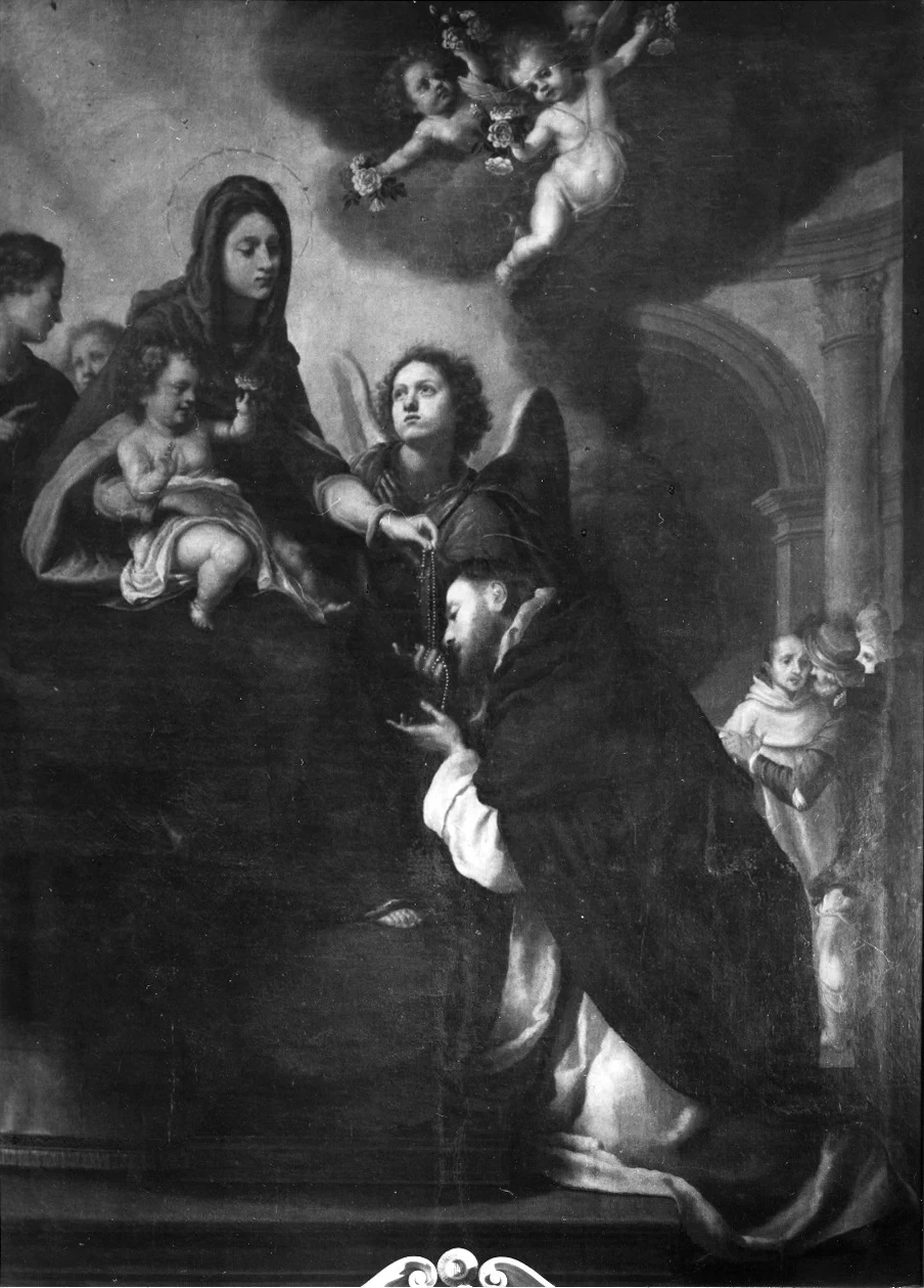 San Domenico riceve il rosario dalle mani della Madonna - Pristoia, attribuito
